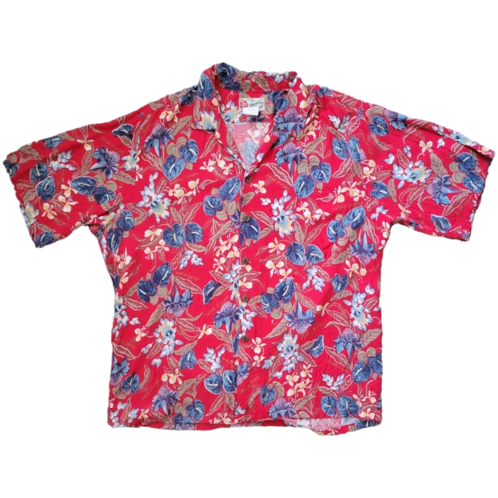 Vintage Hilo Hattie Original Hawaiian Shirt, Red Floral Pattern, Mens Size XL